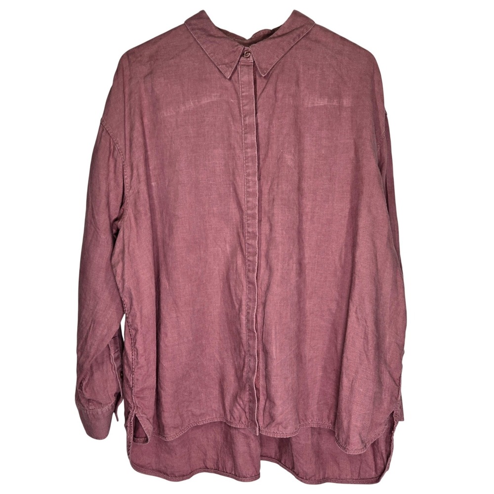 Athleta Womens 2X Playa Linen Button Down Shirt Mauve Pink Long Sleeve Oversized